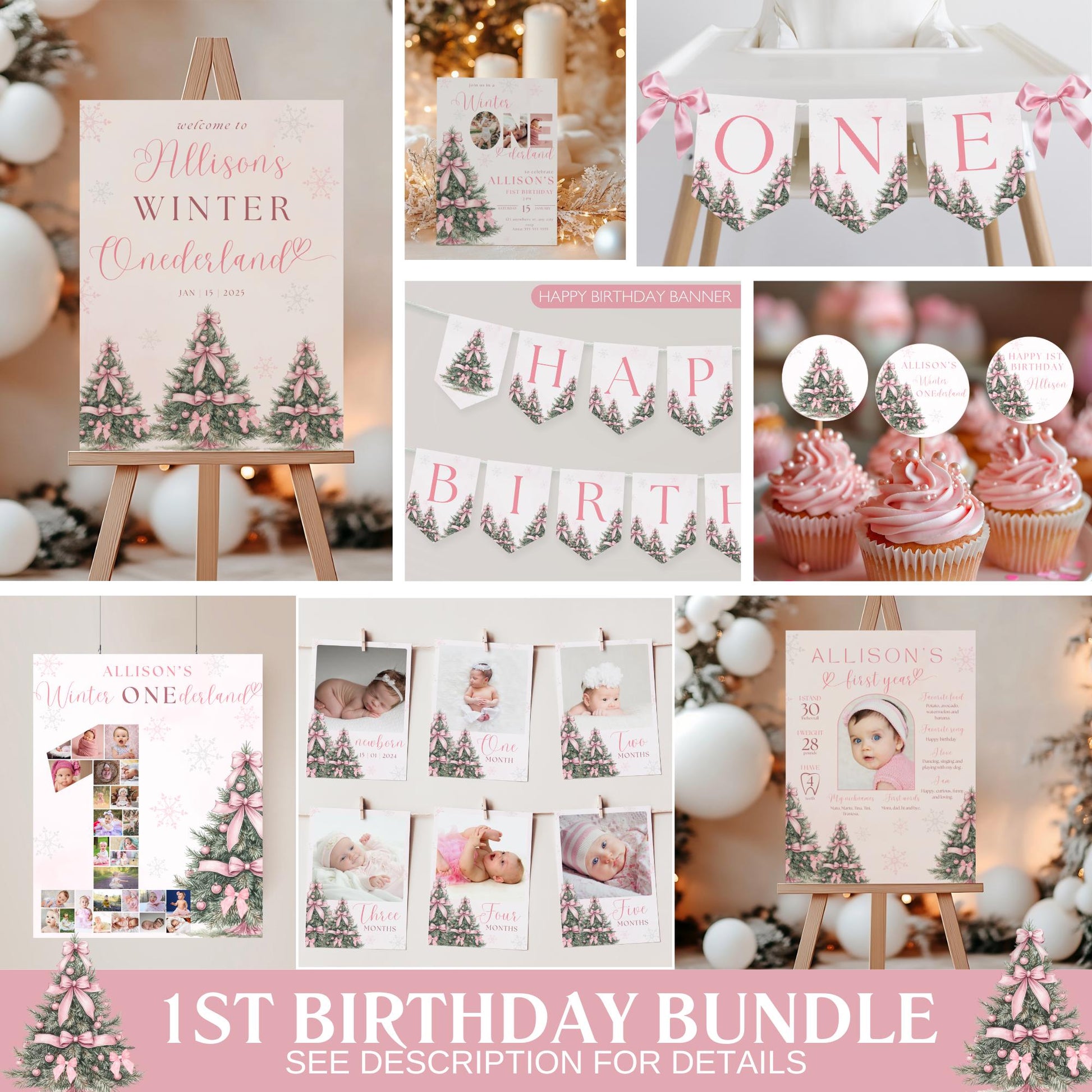 Winter ONEderland Birthday Party Bundle Pink Christmas Girl 1st Birthday First ONEderland Party with Photo Holiday Birthday Pink Bow Bundle