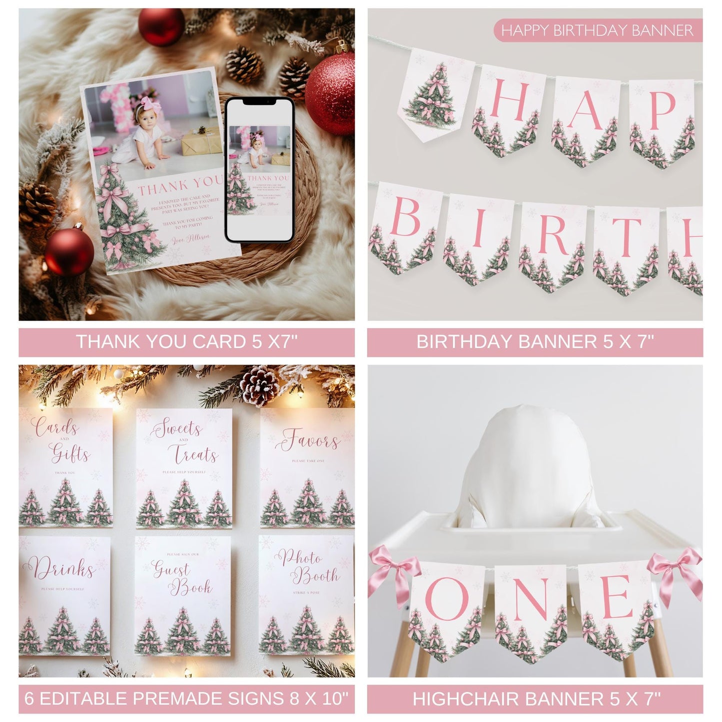 Winter ONEderland Birthday Party Bundle Pink Christmas Girl 1st Birthday First ONEderland Party with Photo Holiday Birthday Pink Bow Bundle