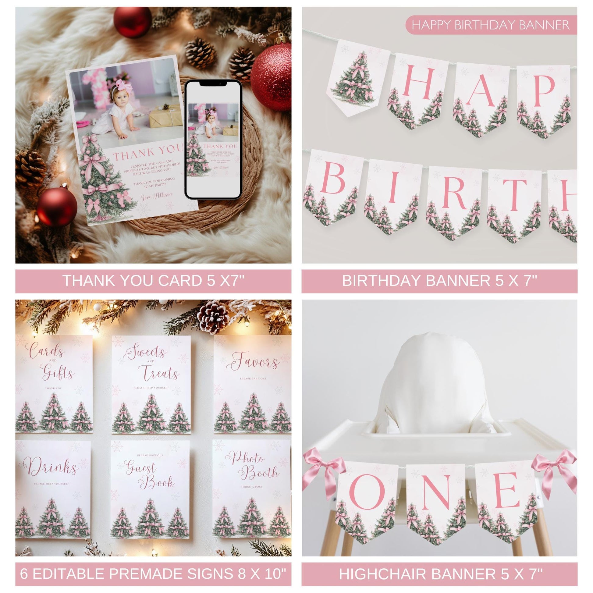 Winter ONEderland Birthday Party Bundle Pink Christmas Girl 1st Birthday First ONEderland Party with Photo Holiday Birthday Pink Bow Bundle