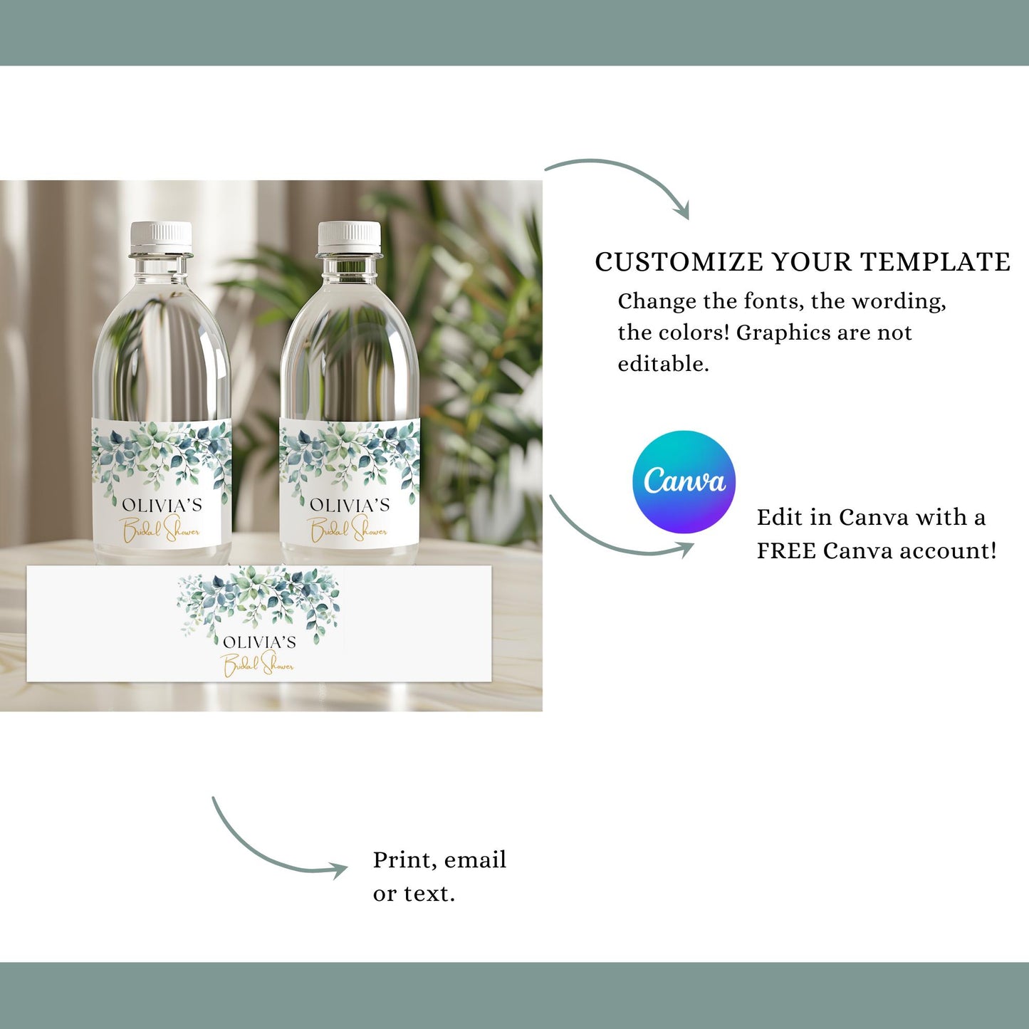 Greenery Water Bottle Labels Bridal Shower Water Bottle Label Printable Water Bottle Wraps Editable Bridal Shower Labels Eucalyptus decor