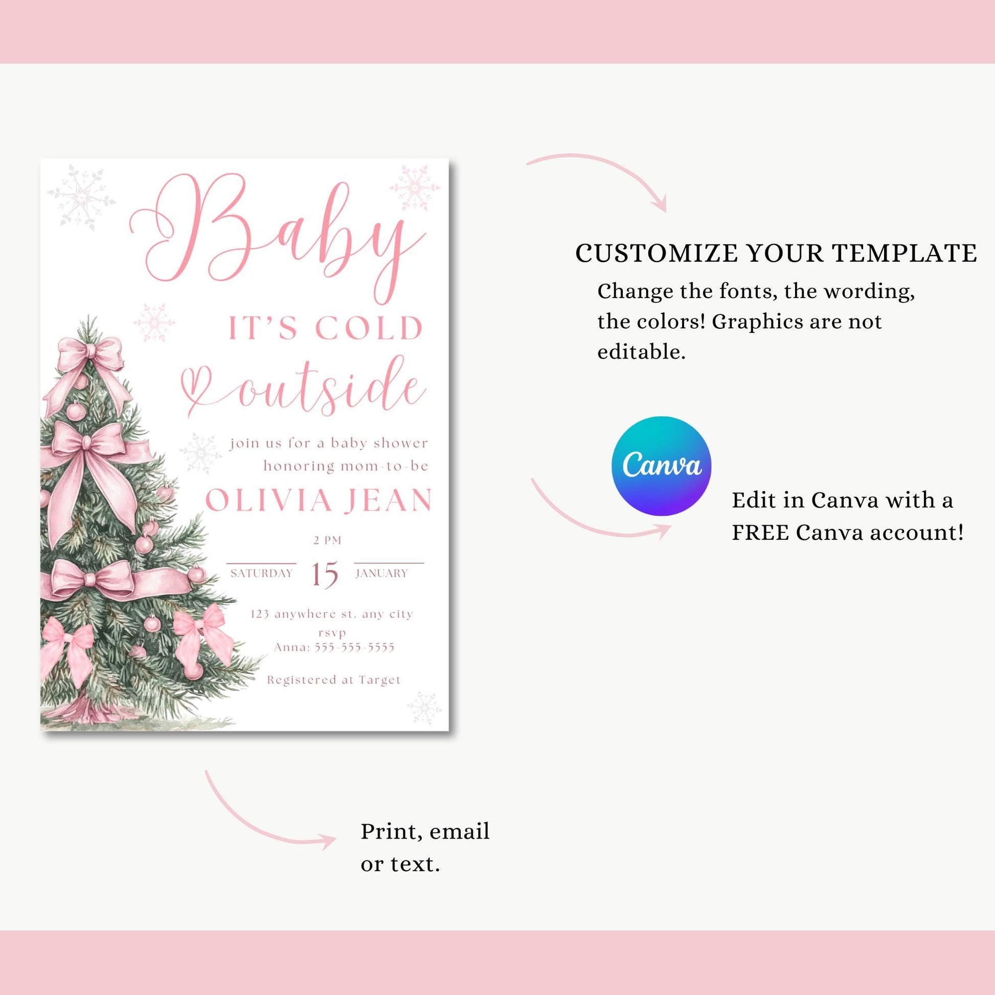 Baby its Cold Outside Baby Shower Invitation Pink Christmas Baby Shower Invite Winter Wonderland Baby Shower Evite Winter Pink Bow Baby