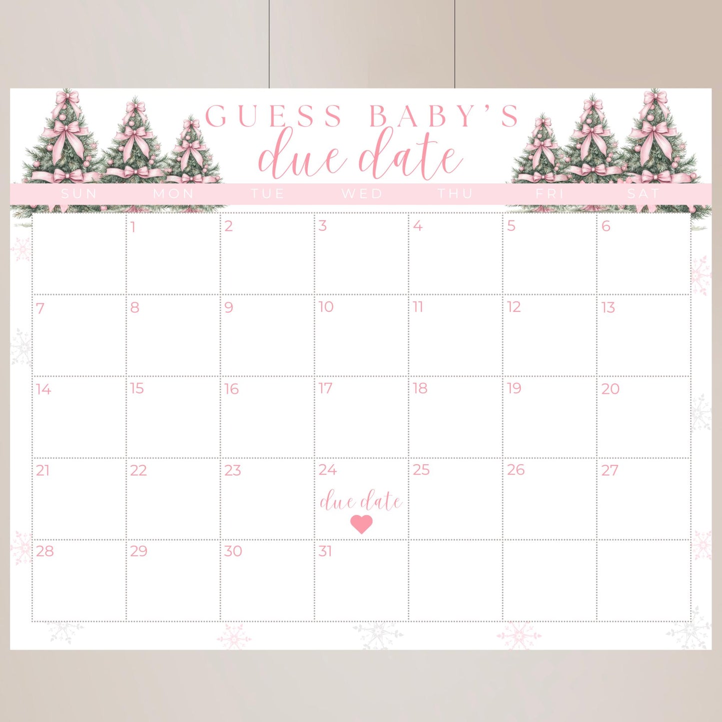 Pink Winter Wonderland Baby Shower Guess the Due Date Sign Editable Baby Shower Game Pink Bow Baby its Cold Outside Baby Shower Games Snow