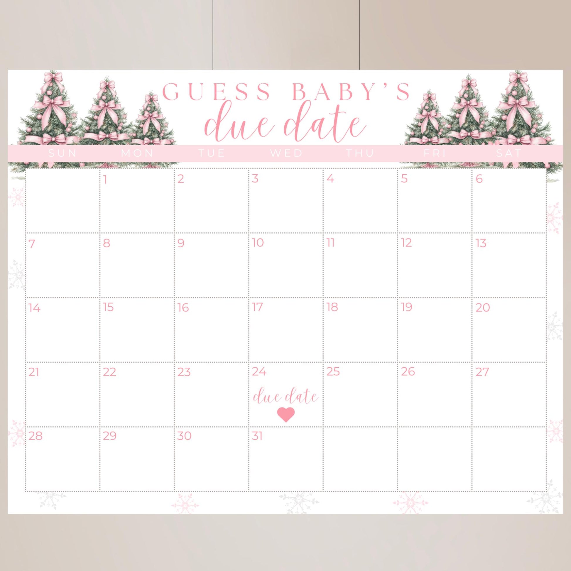 Pink Winter Wonderland Baby Shower Guess the Due Date Sign Editable Baby Shower Game Pink Bow Baby its Cold Outside Baby Shower Games Snow