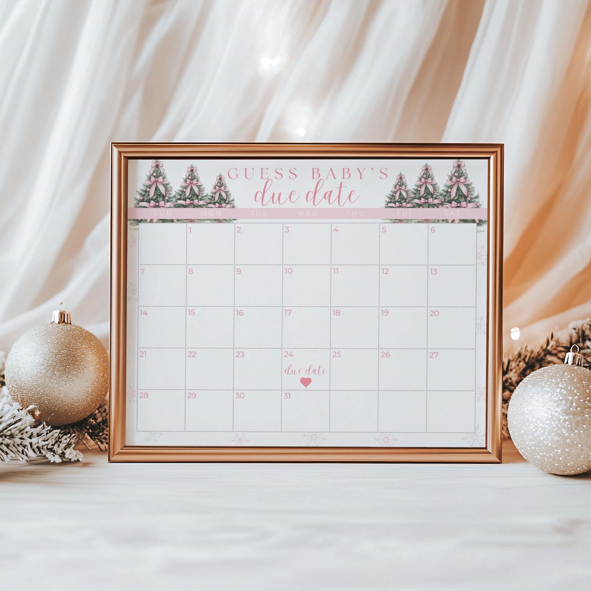 Pink Winter Wonderland Baby Shower Guess the Due Date Sign Editable Baby Shower Game Pink Bow Baby its Cold Outside Baby Shower Games Snow