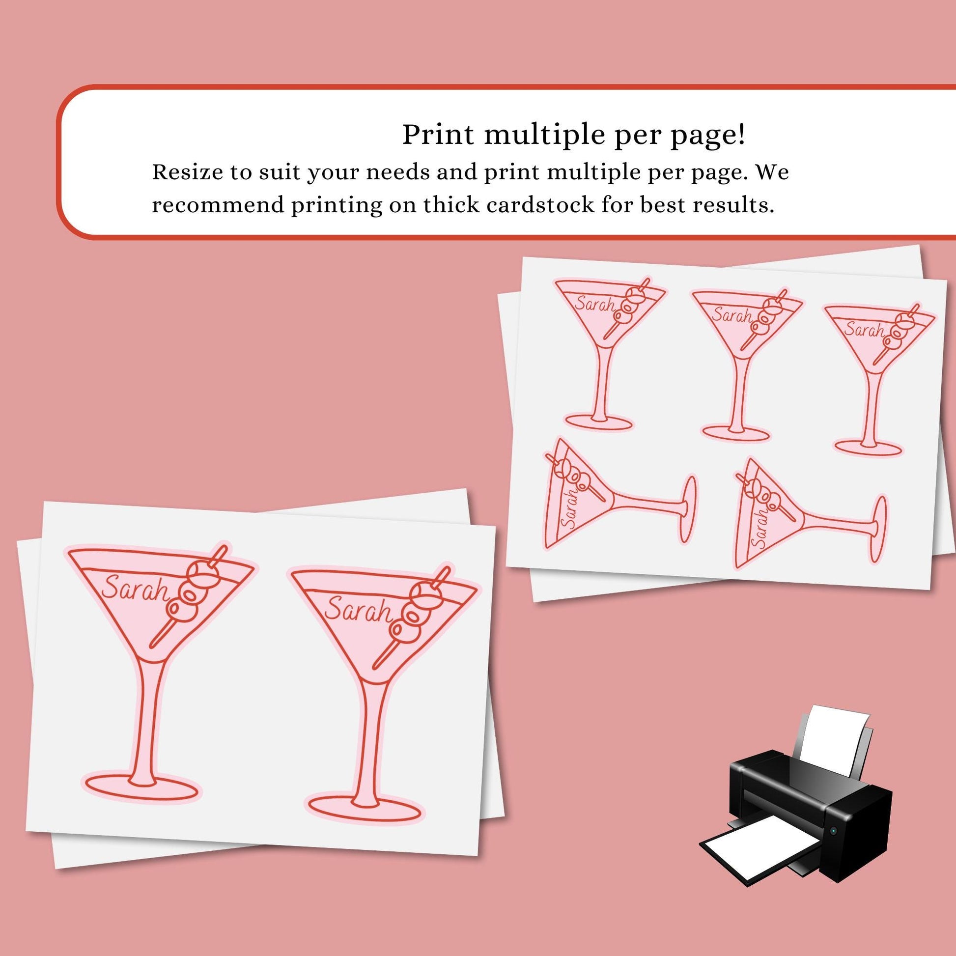 Pink Cocktail Place Cards Template, Whimsical PlaceCard, Martini glass Place Card, Magarita Editable Table, Cocktail Bridal shower placecard