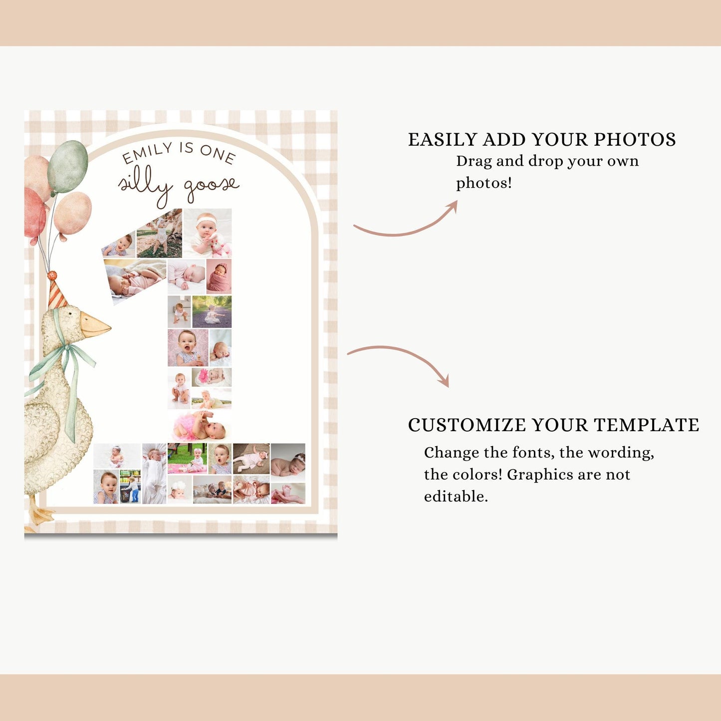 One Silly Goose Gender Neutral First Birthday Invitation, Silly Goose Invite Natural Retro Theme Nursery Party Decor Printable Template