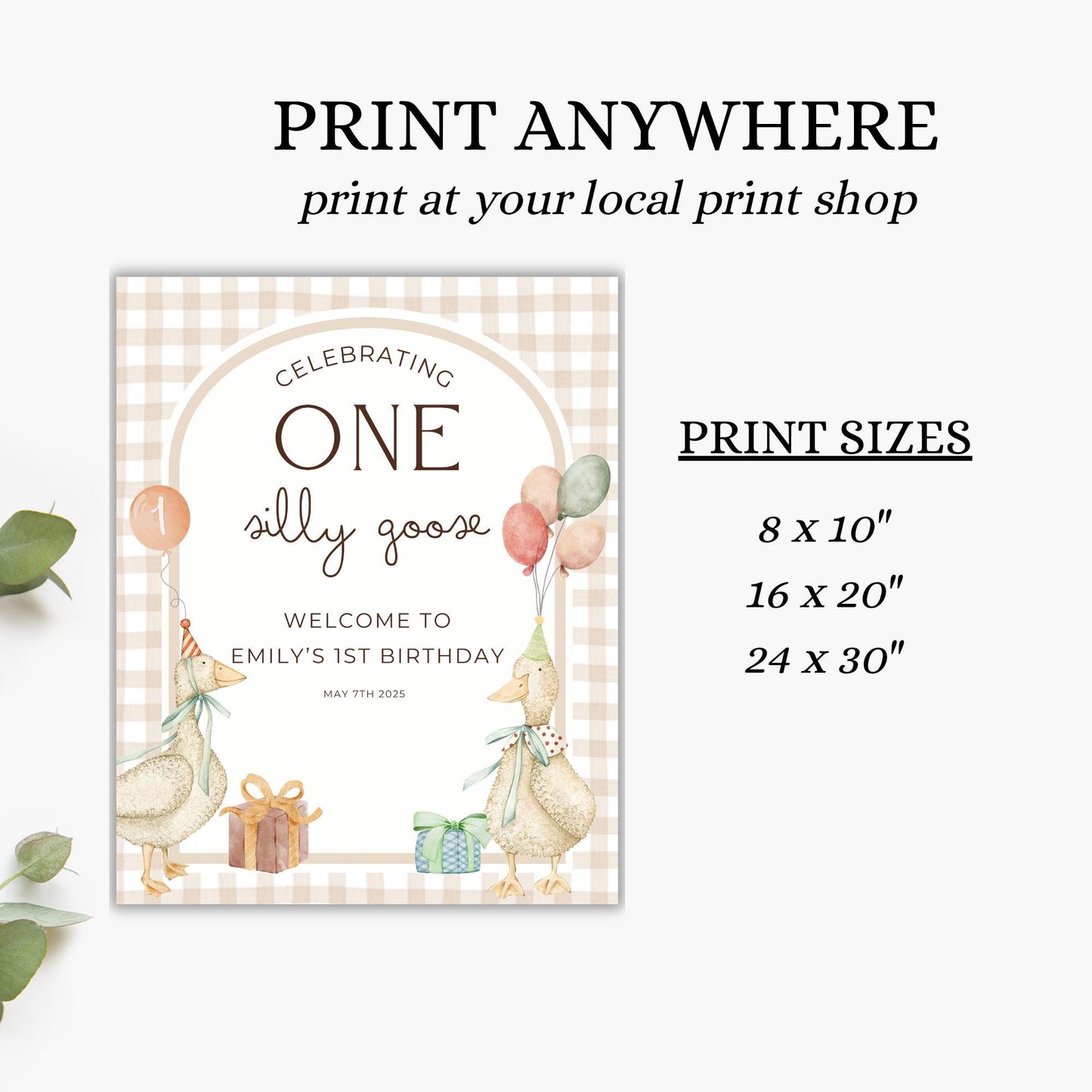 ONE silly goose birthday party welcome sign,first birthday party sign,1st birthday party decor,silly goose welcome sign,EDITABLE template