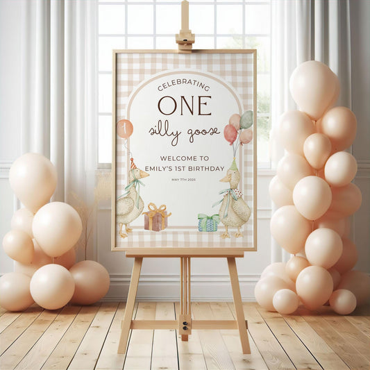 One Silly Goose Welcome Sign, Editable Silly Goose First Birthday Welcome Sign Natural Retro Theme Party Decorations Printable Template