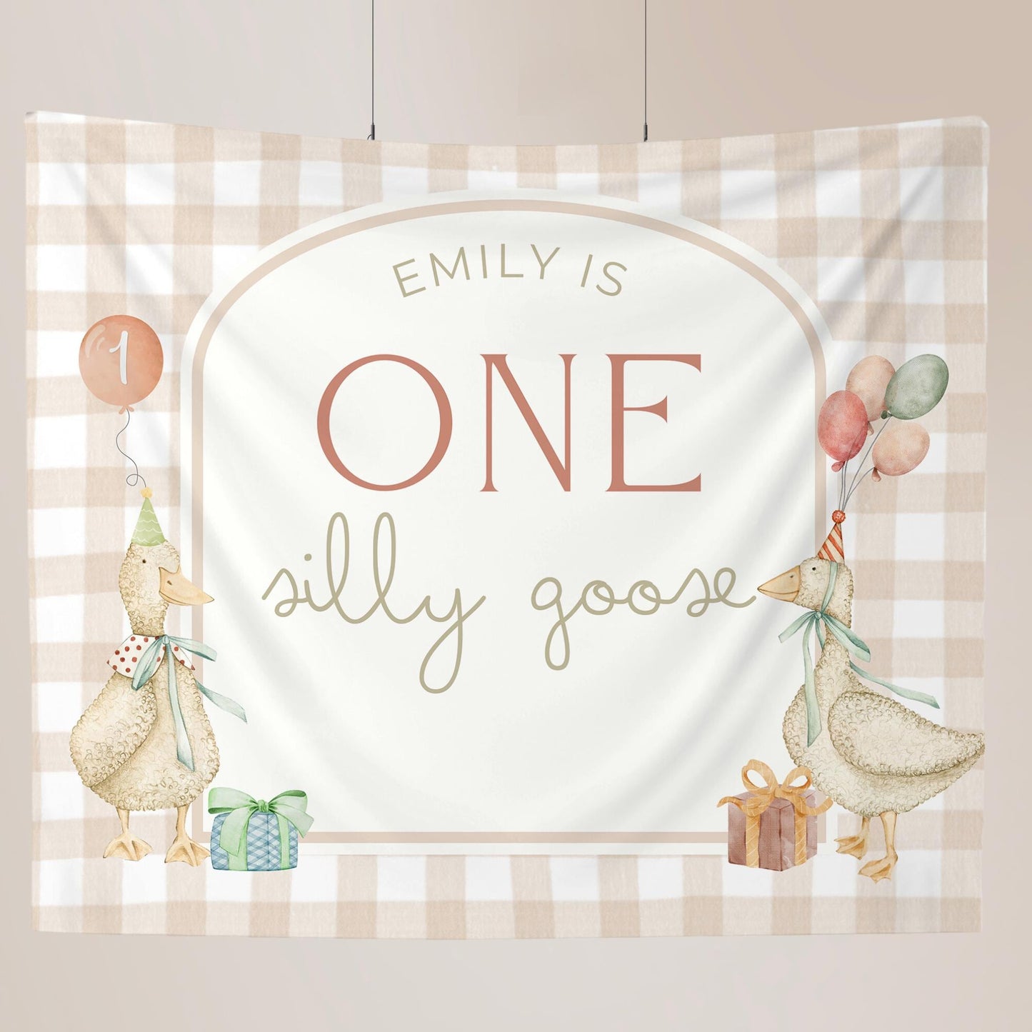 Celebrate your little one with this One Silly Goose Birthday Personalized Banner, perfect for a goose 1st Birthday! This custom Banner makes an adorable Photo Backdrop and is ideal for fun First Birthday Ideas and Silly Goose Party Decor."