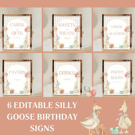 One Silly Goose Birthday Editable Sign Bundle Goose Themed first Birthday Premade signs One Silly Goose 1st birthday table signs