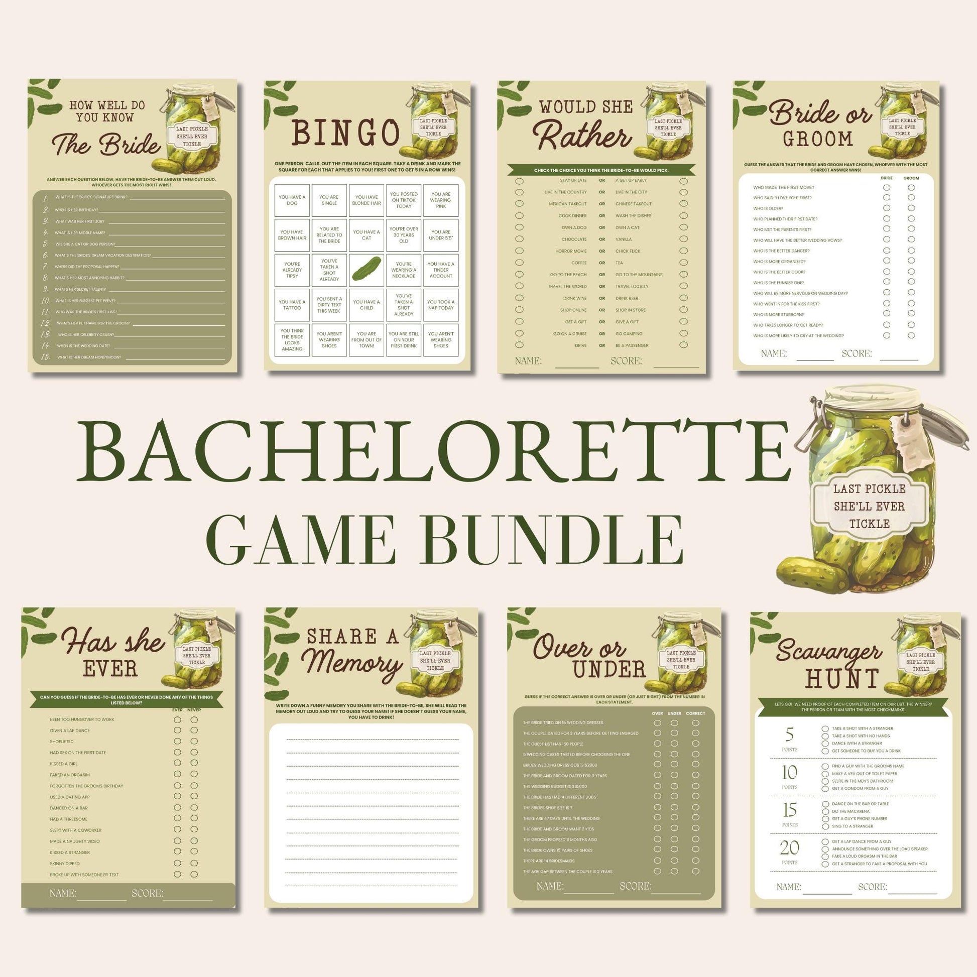 Last Pickle She'll ever Tickle Bachelorette Party Games Bundle Pickle Theme Party Editable Printable Game Bachelorette Drinking Game