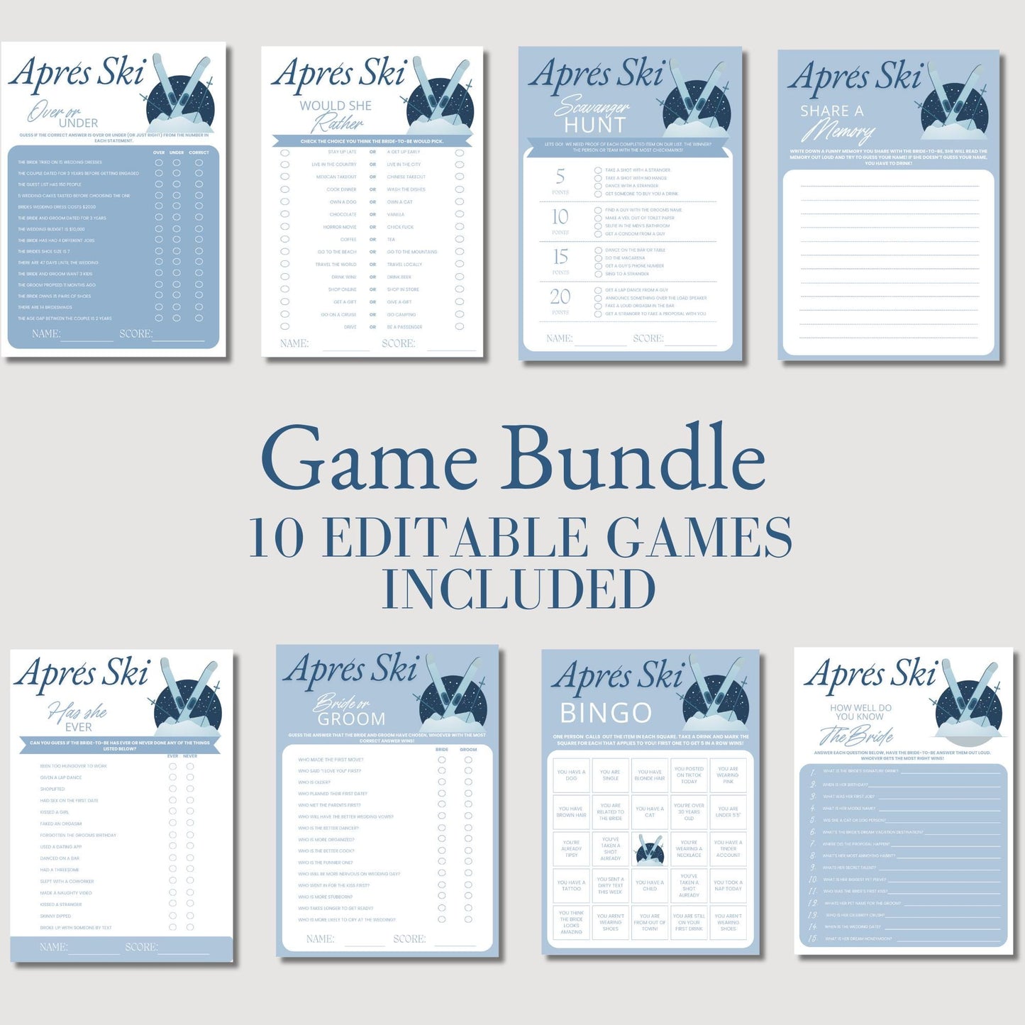 Apres Ski Bachelorette Party Games Bundle Bachelorette Games Package Editable Printable Games Bachelorette Drinking Games Winter Hen Party