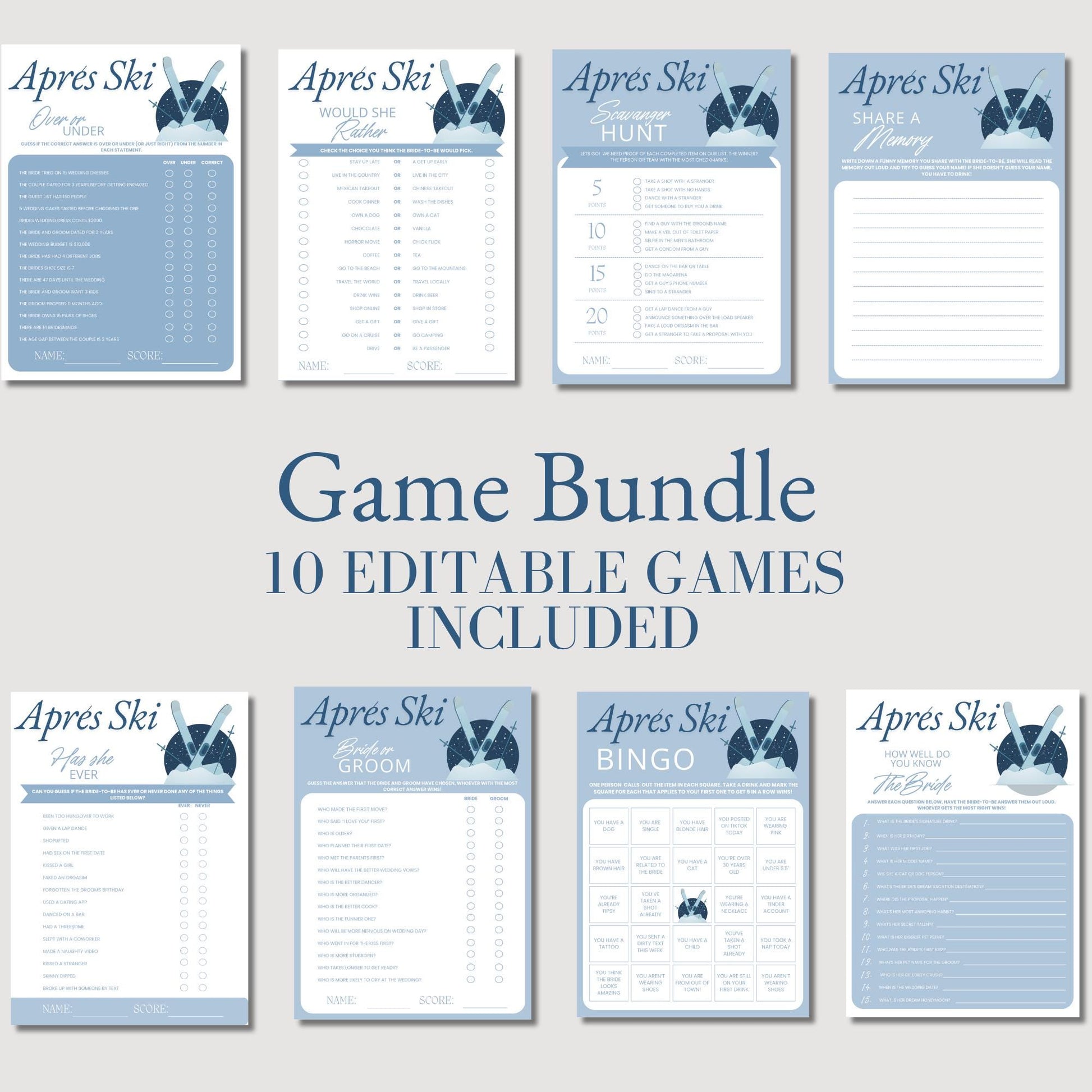 Winter Bachelorette Party Games Bundle Bachelorette Games Package Editable Printable Games Bachelorette Drinking Games Apres Ski Hen Party