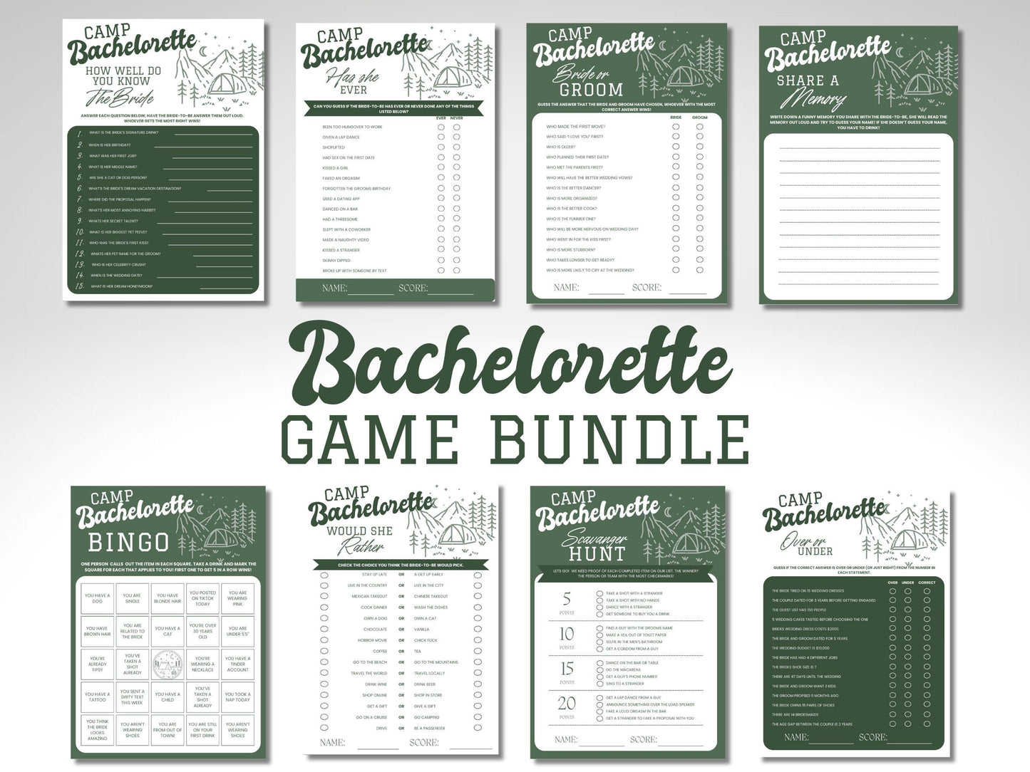 Camp Bachelorette Party Games Bundle Bachelorette Games Package Editable Printable Games Bachelorette Drinking Games Cabin Bachelorette