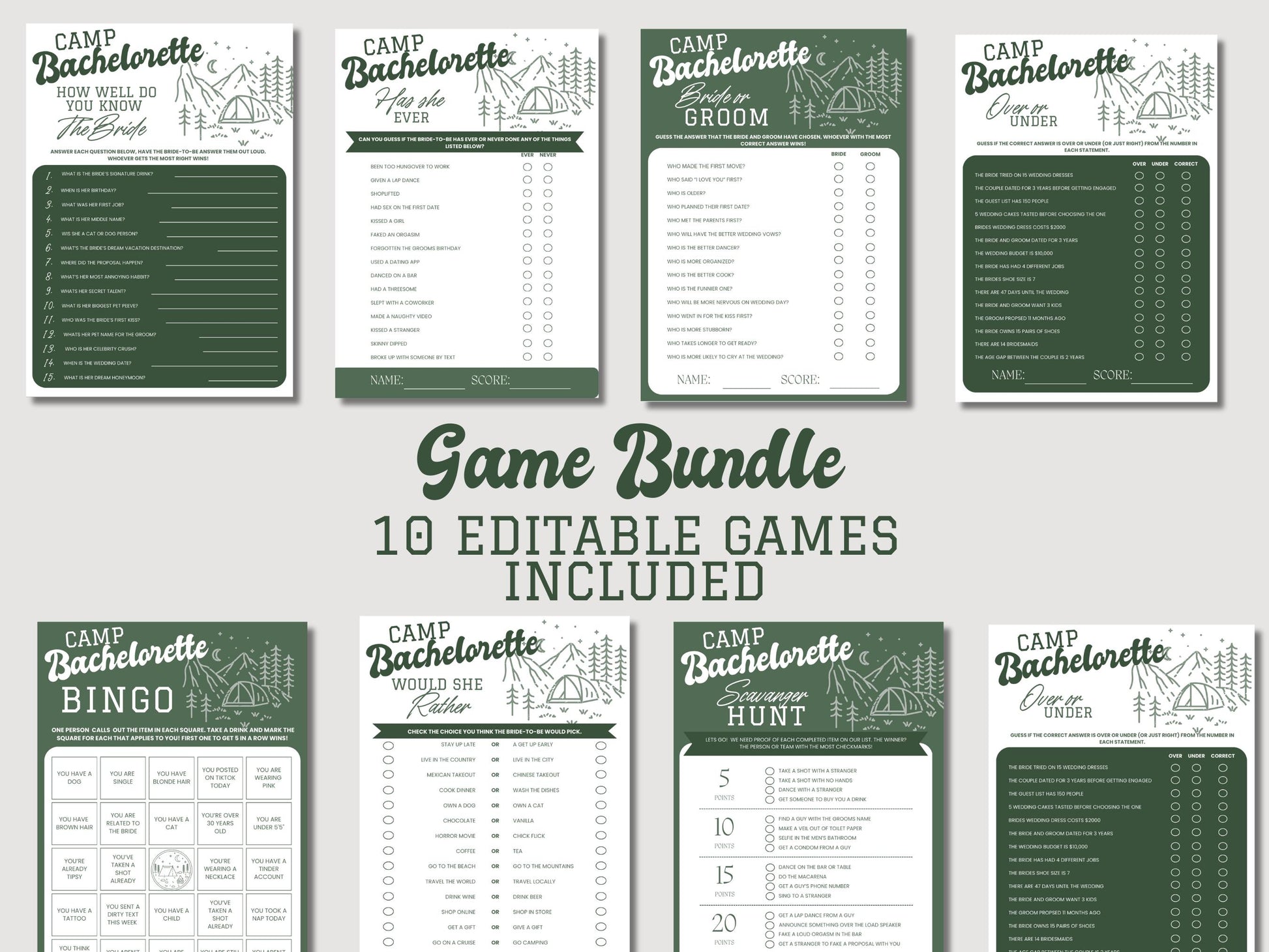 Camp Bachelorette Party Games Bundle Bachelorette Games Package Editable Printable Games Bachelorette Drinking Games Cabin Bachelorette