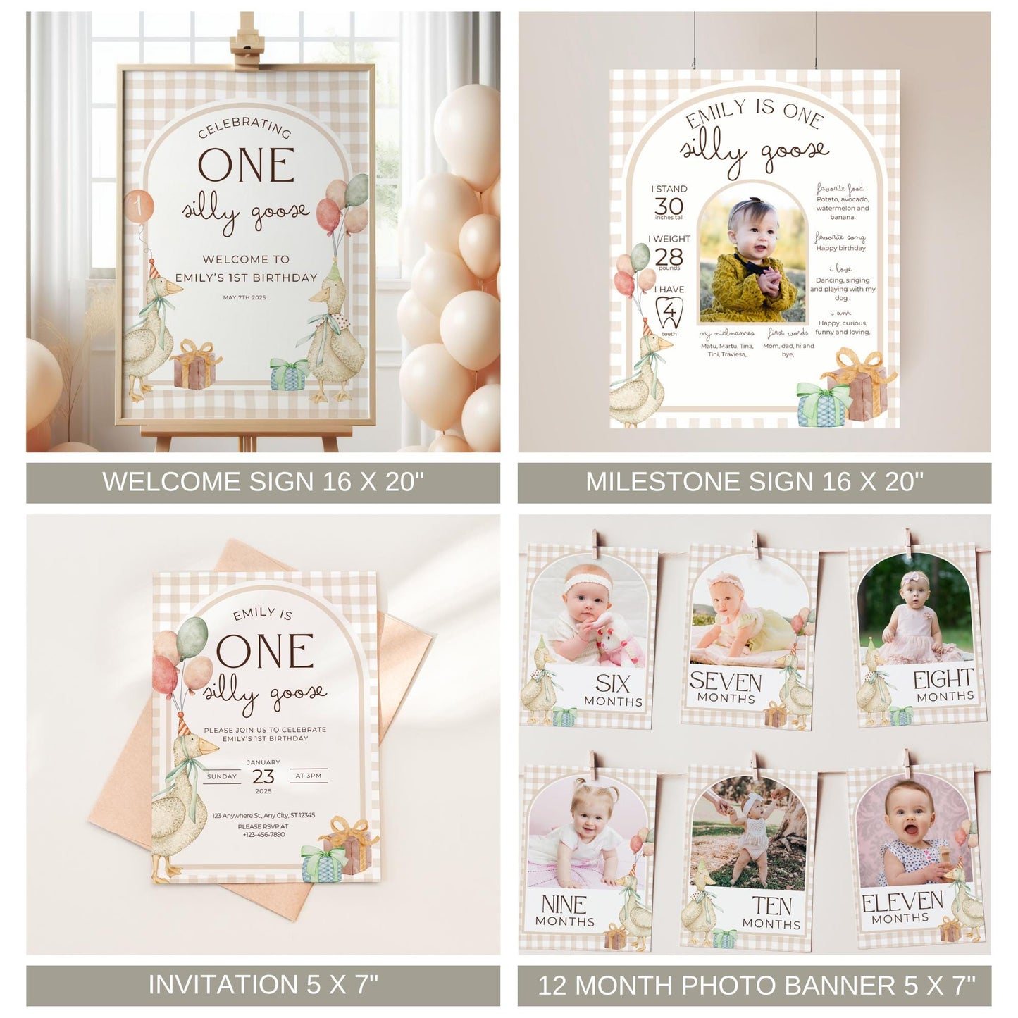 Colorful One Silly Goose Birthday Bundle - Editable Goose Invitation - First Birthday Decor - Party Set