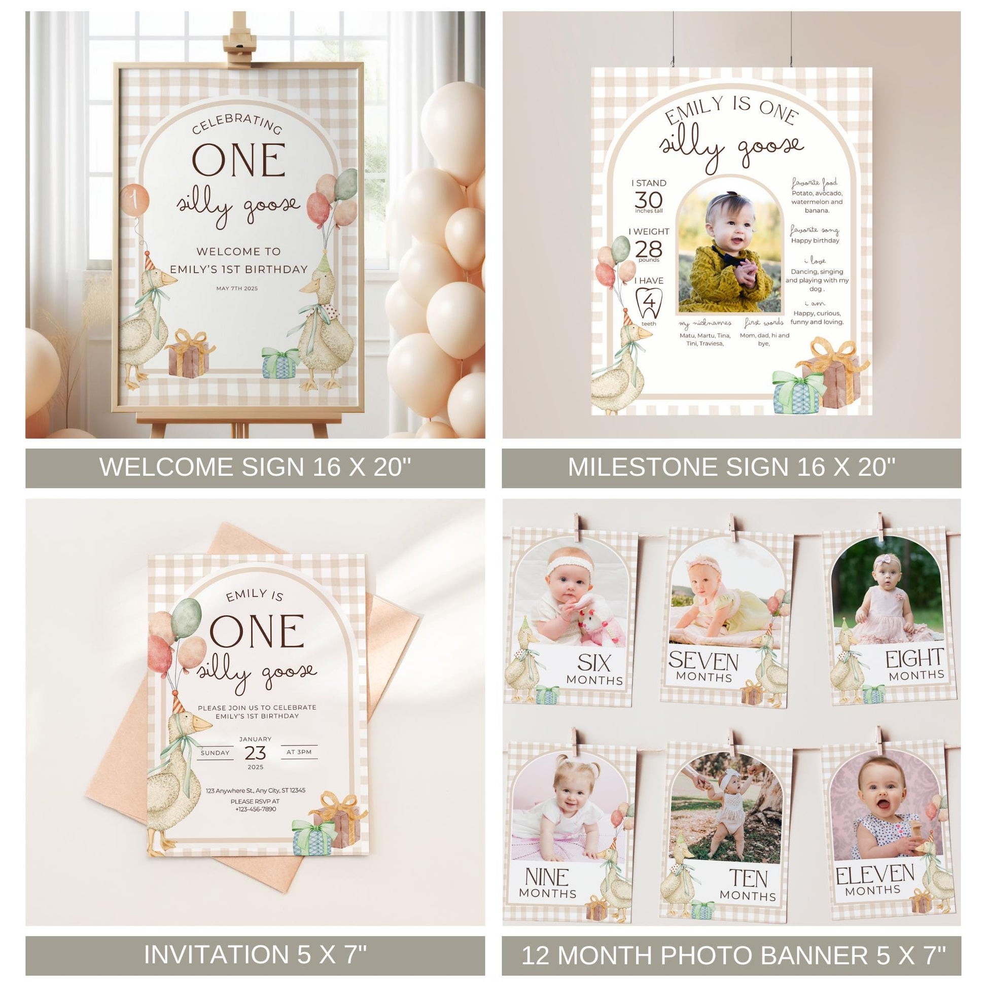 Colorful One Silly Goose Birthday Bundle - Editable Goose Invitation - First Birthday Decor - Party Set