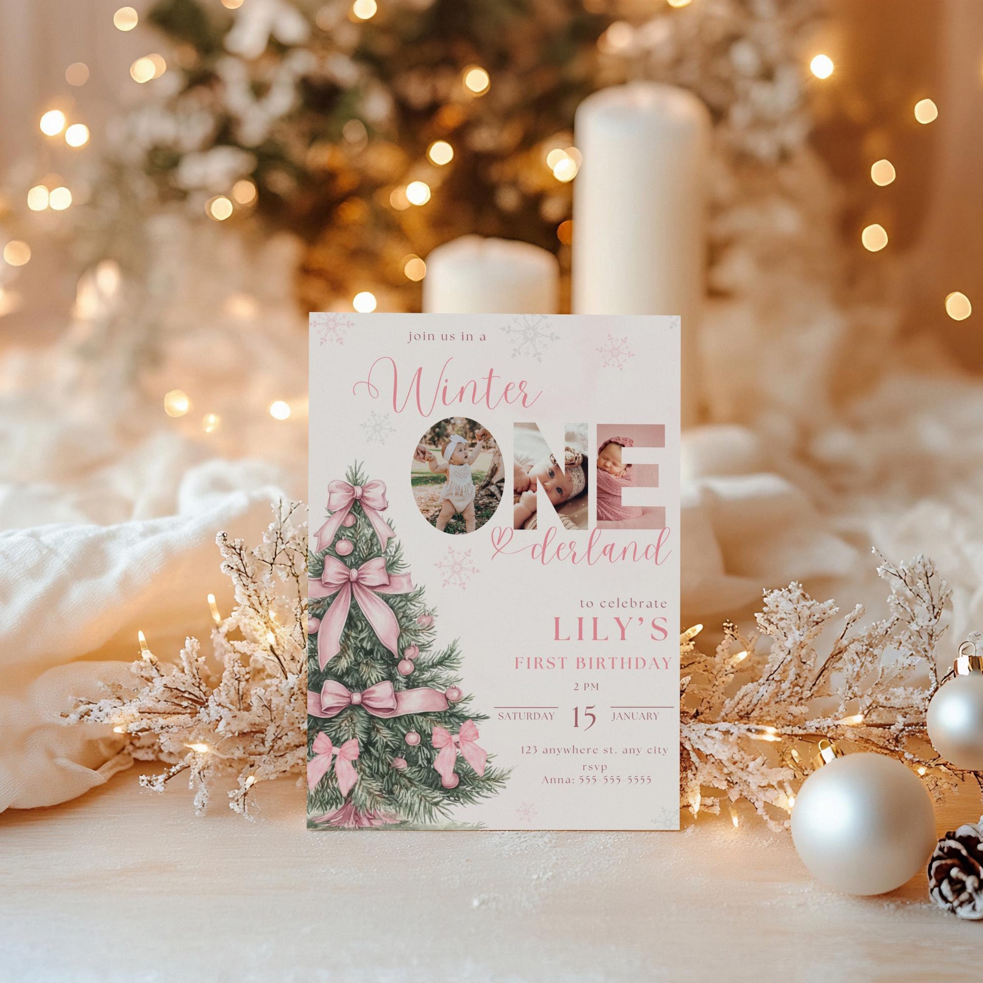 Winter Birthday Invite Template Winter Wonderland Birthday Invitation Snowflake Winter Onederland Pink Bow Winter Invite