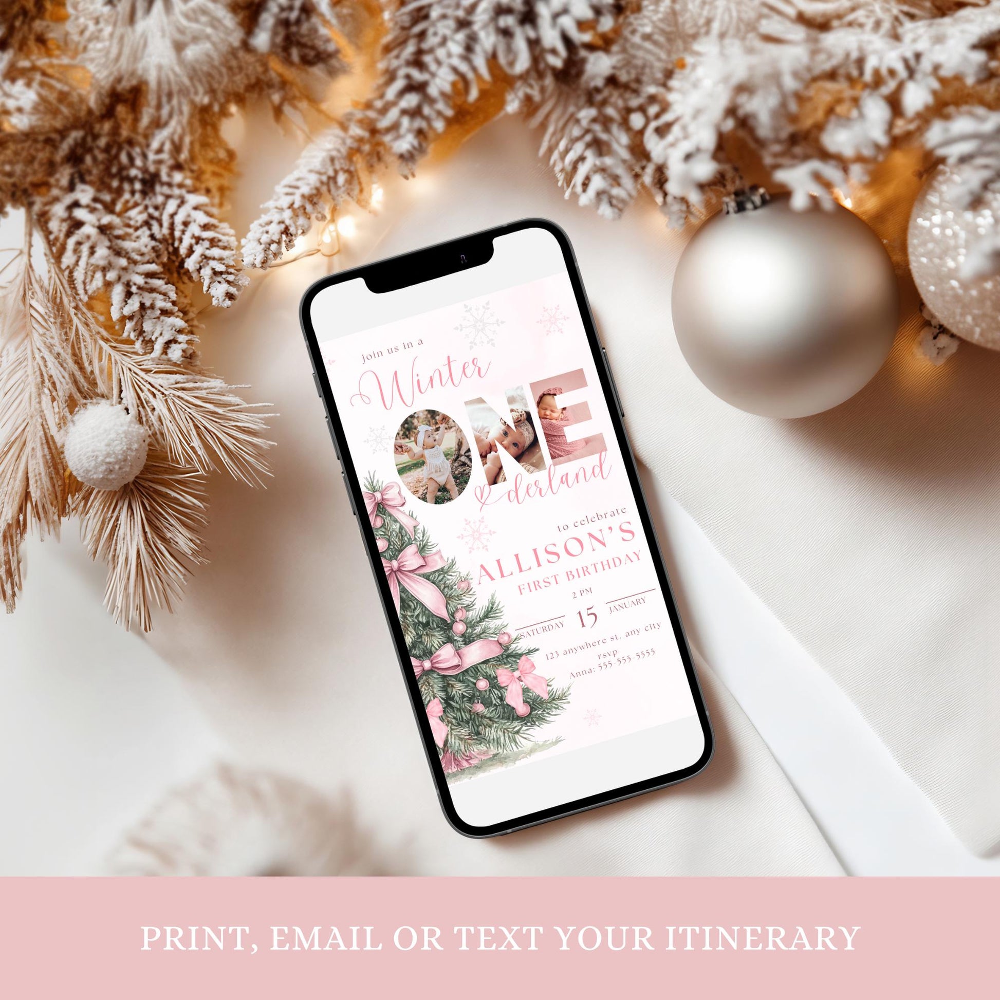 Winter Birthday Invite Template Winter Wonderland Birthday Invitation Snowflake Winter Onederland Pink Bow Winter Invite