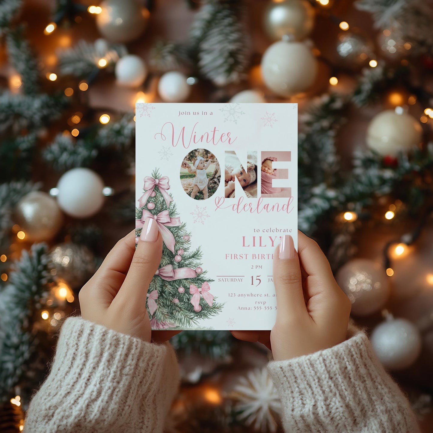 Winter Birthday Invite Template Winter Wonderland Birthday Invitation Snowflake Winter Onederland Pink Bow Winter Invite