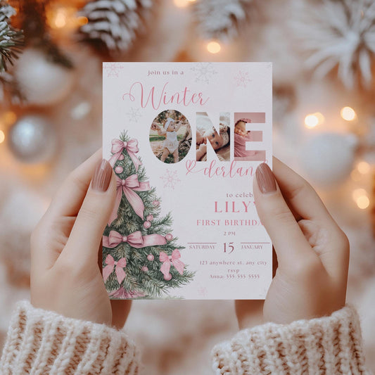 Winter Birthday Invite Template Winter Wonderland Birthday Invitation Snowflake Winter Onederland Pink Bow Winter Invite