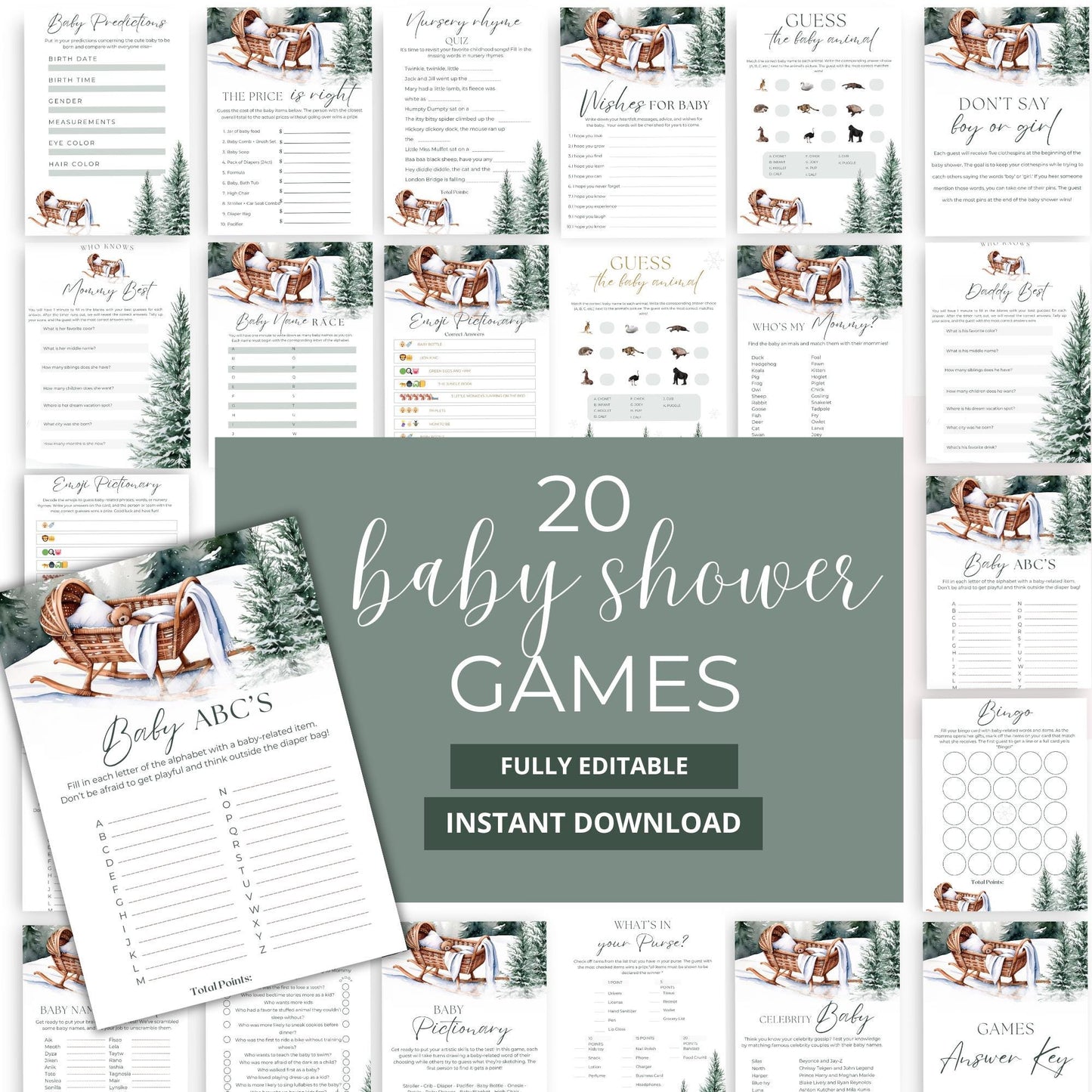 Winter Wonderland Baby Shower Game, Woodland Baby Shower Game Bundle, Printable Baby Shower Games, Winter Baby Shower Activity Bundle
