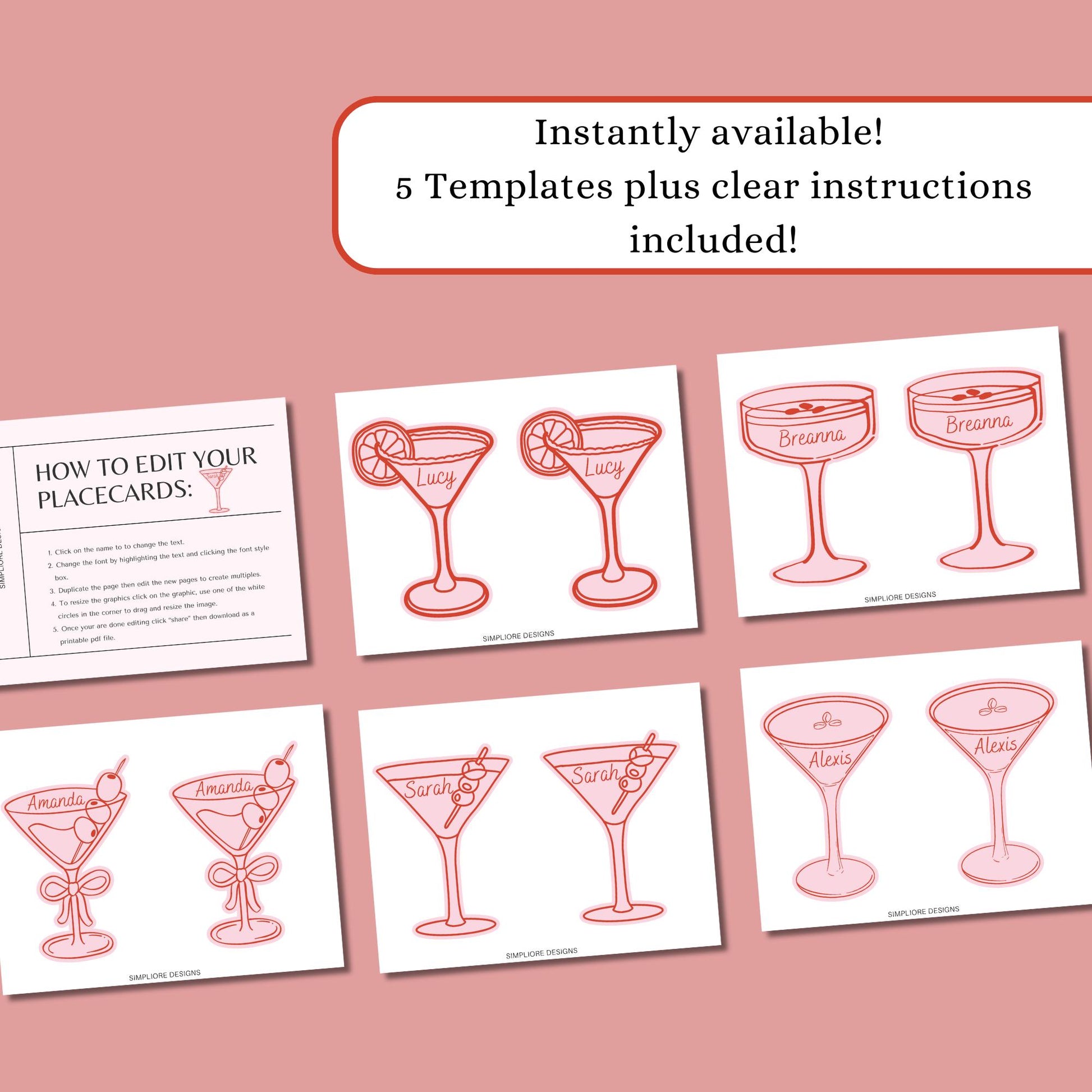 Whimsical Editable Place Cards - Martini Glass Designs for Bridal Showers - Fun Table Decor