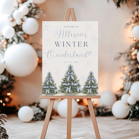 Winter ONEderland Welcome Sign 1st Birthday Blue Winter Onderland Decor Blue Bow Coquette Snowflake Sign Holiday first Birthday Poster