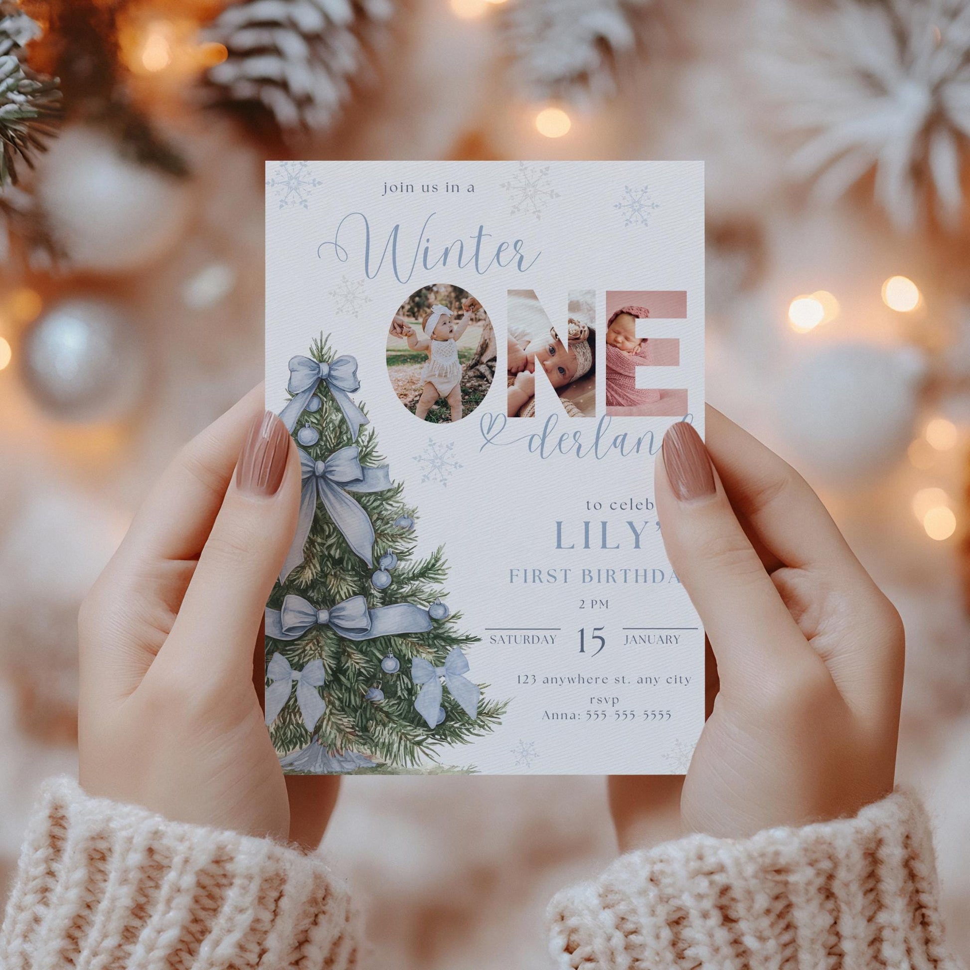 Winter Wonderland Invitation - Blue Bow - First Birthday - Onederland Theme - Customizable Design