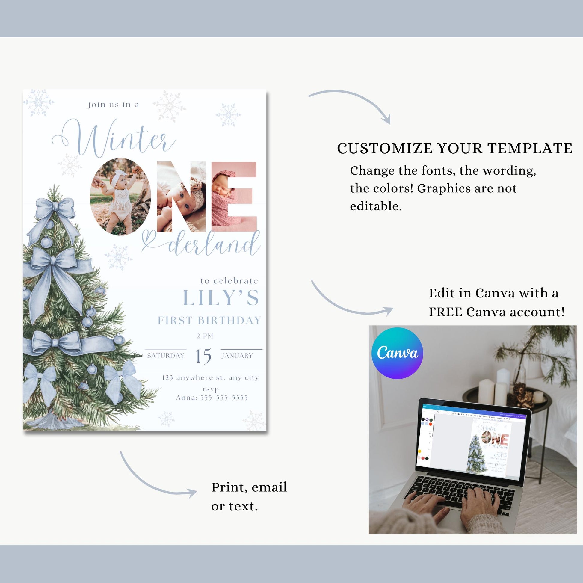 Blue Bow Winter Onederland - First Birthday Invitation - Wonderland Theme - Digital Download