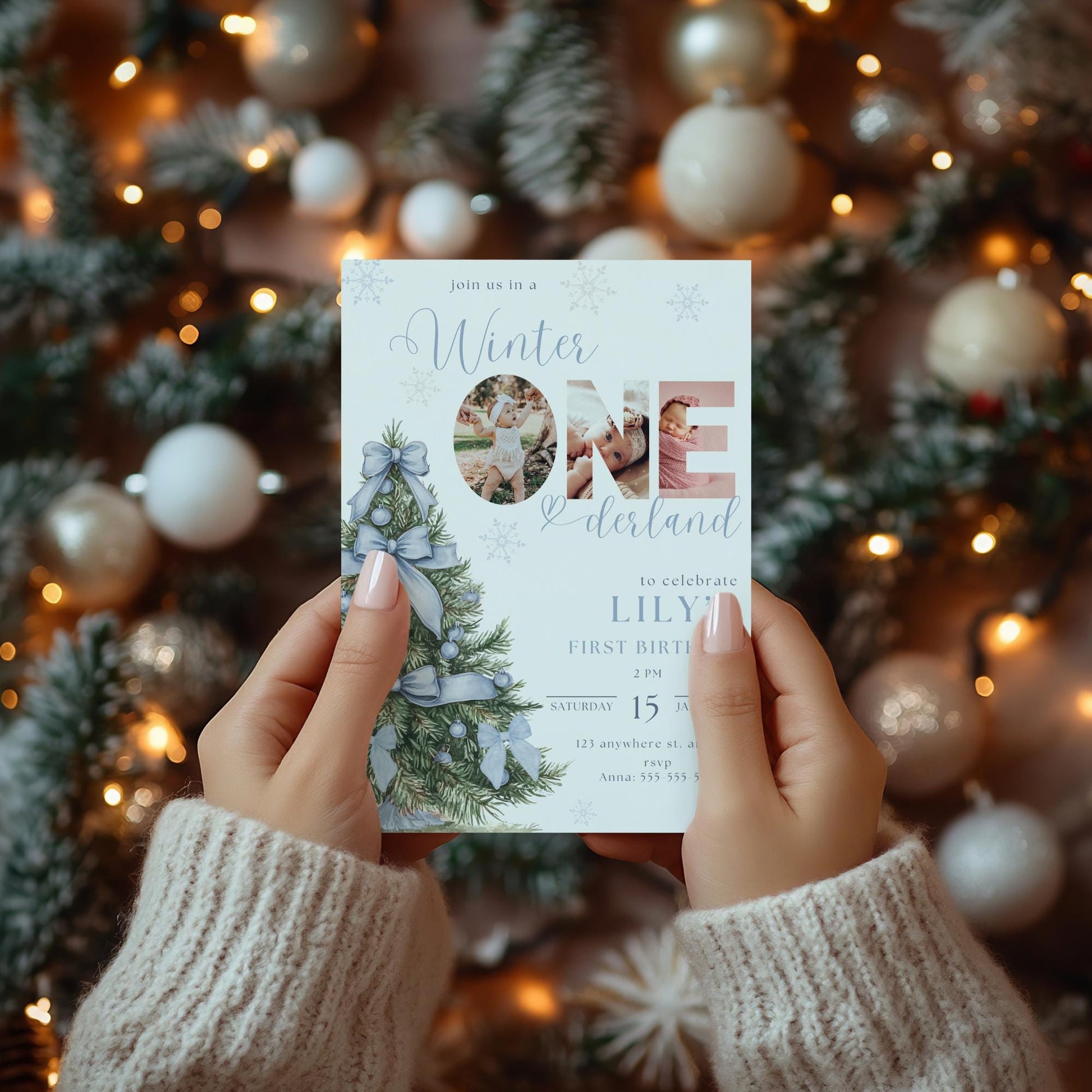 First Birthday Invitation - Winter Onederland - Blue Bow - Christmas Birthday Invite - Editable Template
