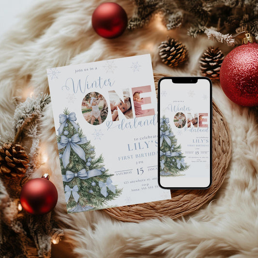 Blue Bow Winter Onederland Invitation first birthday invitation blue bow invite winter birthday invitation Wonderland Theme printable invite