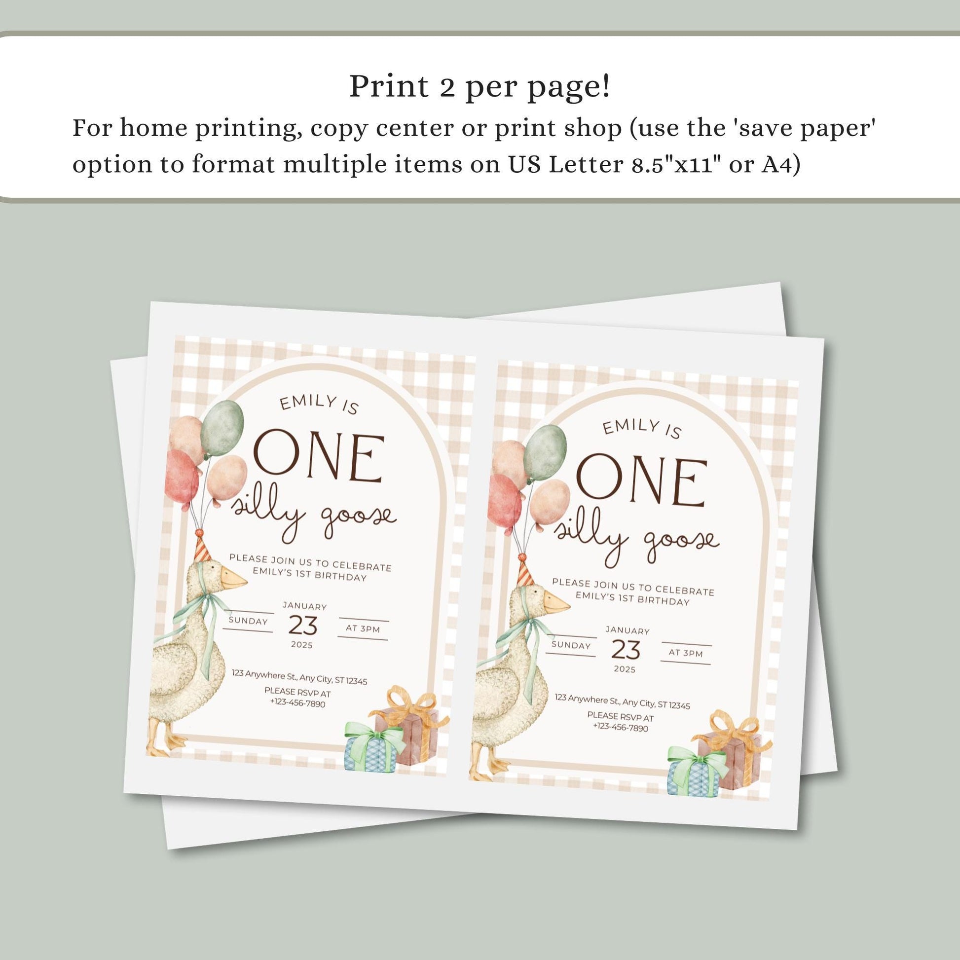 one silly goose, one lucky duck, 1st birthday, 1st birthday invite, first birthday card, goose birthday, groovy birthday, digital invitation, digital invite, editable template, gender neutral, one silly goose idea, retro birthday