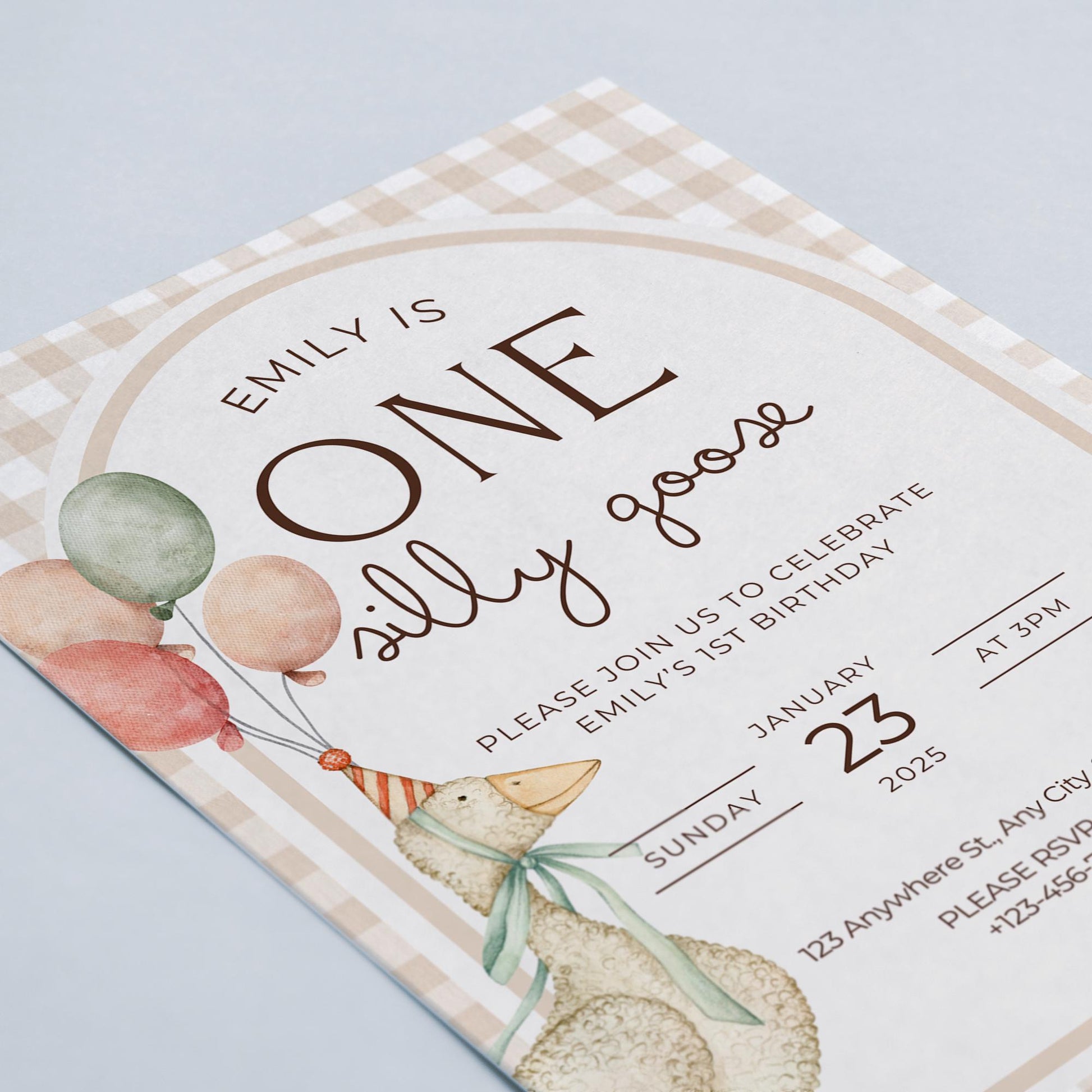 One Silly Goose Birthday Invitation Template | Editable Girl 1st Birthday Pink Printable Invite | Goose First Birthday