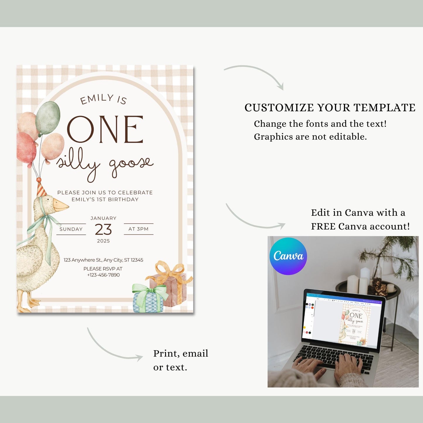 Girl One Silly Goose Birthday Text Invitation | Editable One Silly Goose 1st Birthday Party Evite | Goose First Birthday