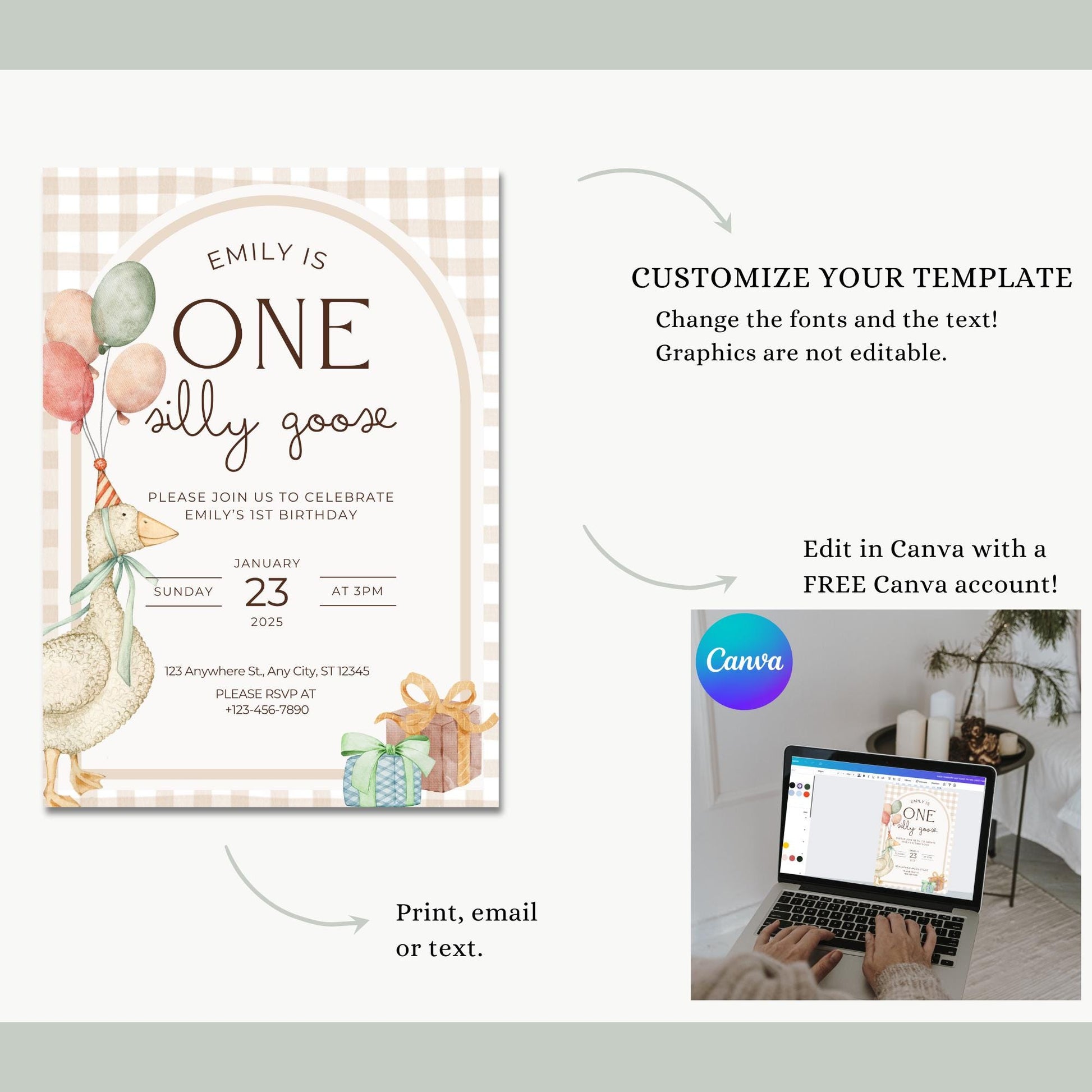 Girl One Silly Goose Birthday Text Invitation | Editable One Silly Goose 1st Birthday Party Evite | Goose First Birthday