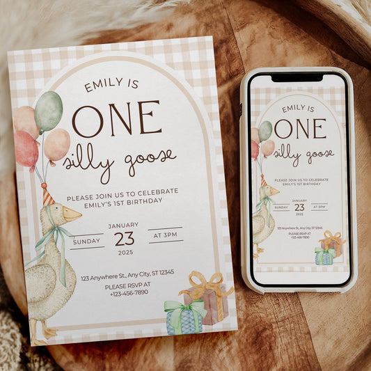 ONE silly goose birthday party bundle, first birthday party decor,1st birthday party invite, silly goose invite, EDITABLE template