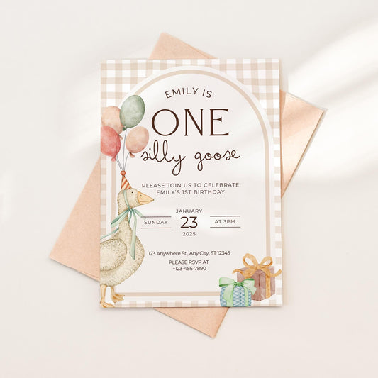 One Silly Goose Birthday Invite Gender Neutral First Birthday 1st Birthday Silly Goose Decor Editable  Invitation Nursery Rhyme Birthday