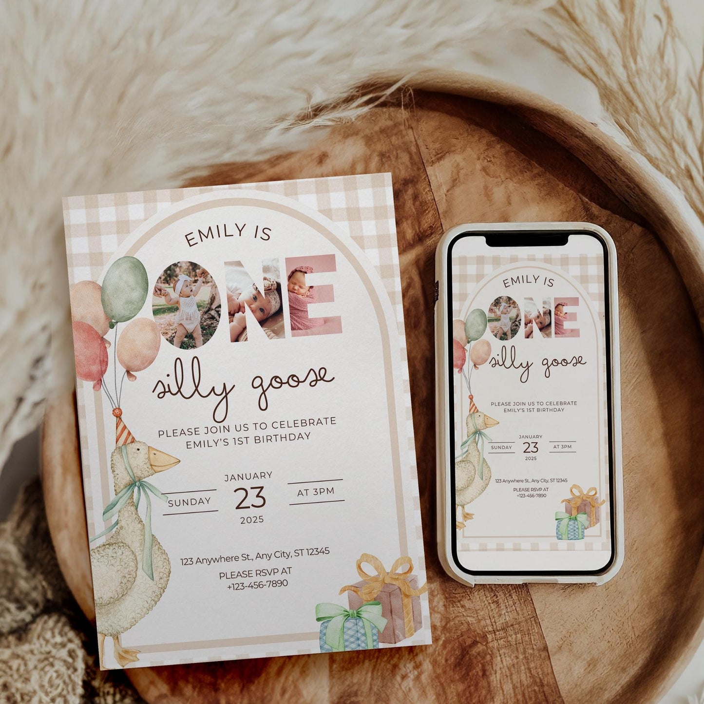 One Silly Goose Birthday Invite Gender Neutral First Birthday 1st Birthday Silly Goose Decor Editable  Invitation Nursery Rhyme Birthday