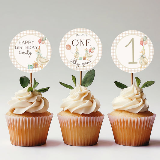 One Silly Goose Birthday Party Cupcake Toppers Editable Cake topper Goose themed Party Silly Goose First 1st Birthday Party Gender Neutral
