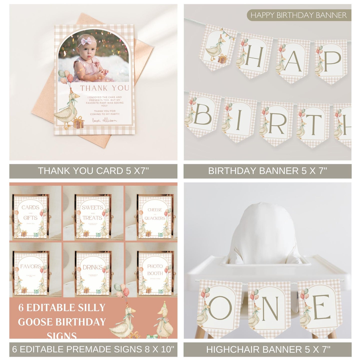 One Silly Goose Birthday Bundle - Editable Templates - First Birthday Party Decor - Goose Theme