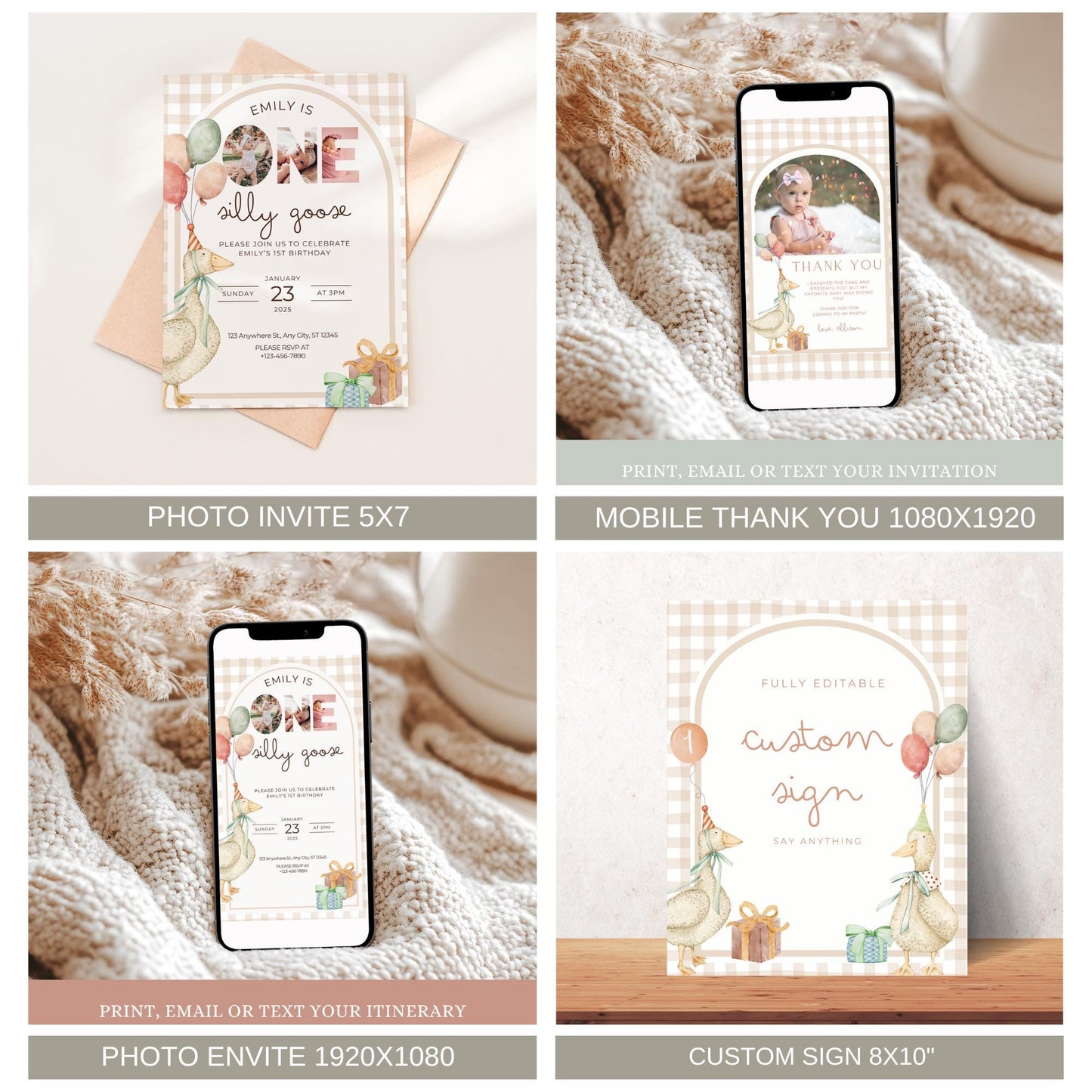 One Silly Goose Birthday Bundle - Silly Goose Party Decor - Editable Invitation - First Birthday Package