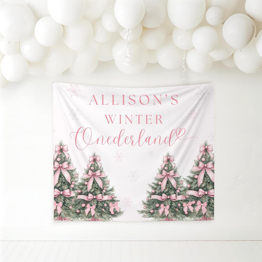 Winter Onederland Birthday Personalized Banner 1st Birthday Winter Wonderland Party Decor Photo Backdrop Winter Custom Pink First Birthday