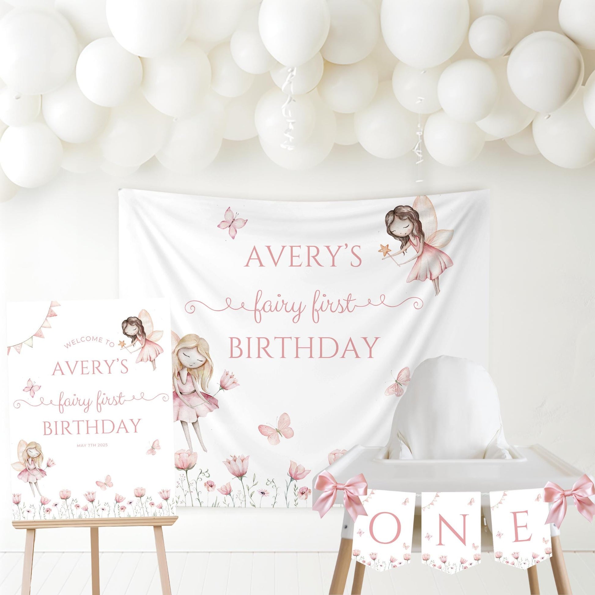 Fairy First Birthday Personalized Banner 1st Birthday Wildflower Fairy Garden Party Decor Backdrop Little Fairy turning One party sign