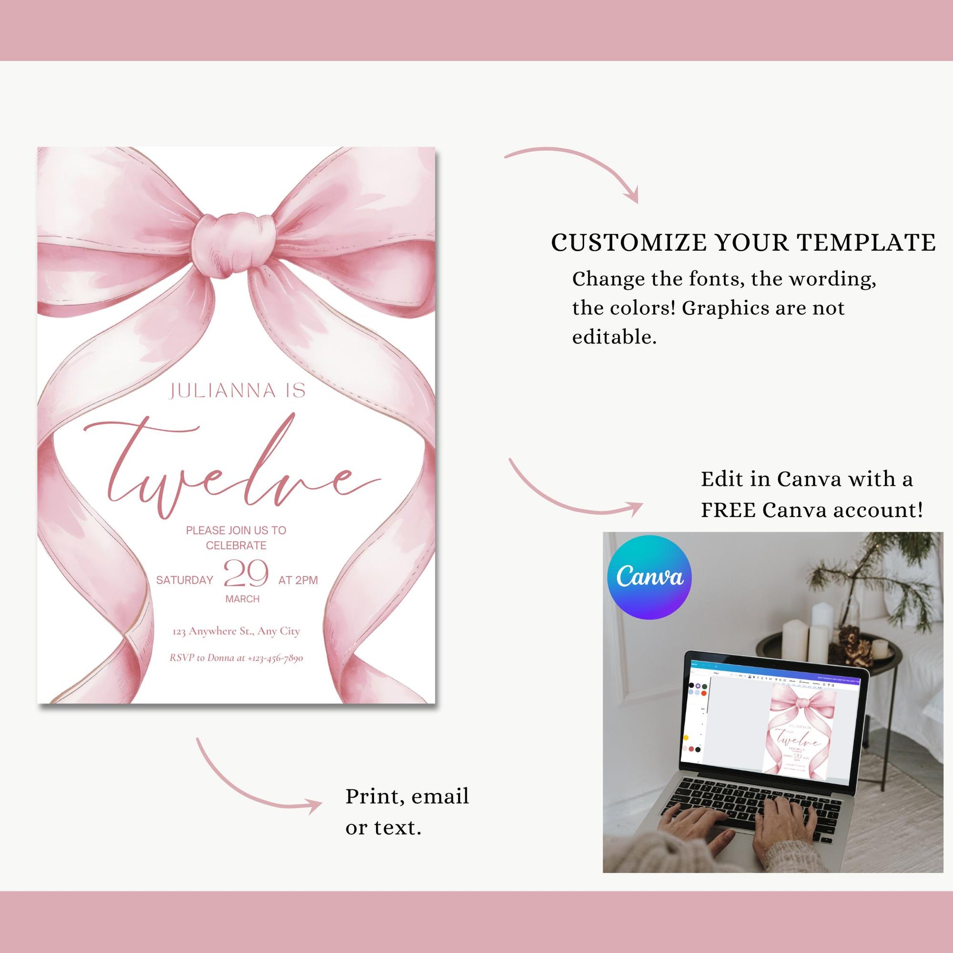 Tween Coquette Birthday Invitation - Editable Printable - Blush Pink Bow - 12th Birthday Party