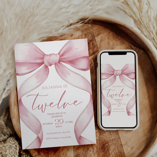 Coquette Pink 12th Birthday Invitation - Mobile Dinner Invite - Fancy Bow - Slumber Party