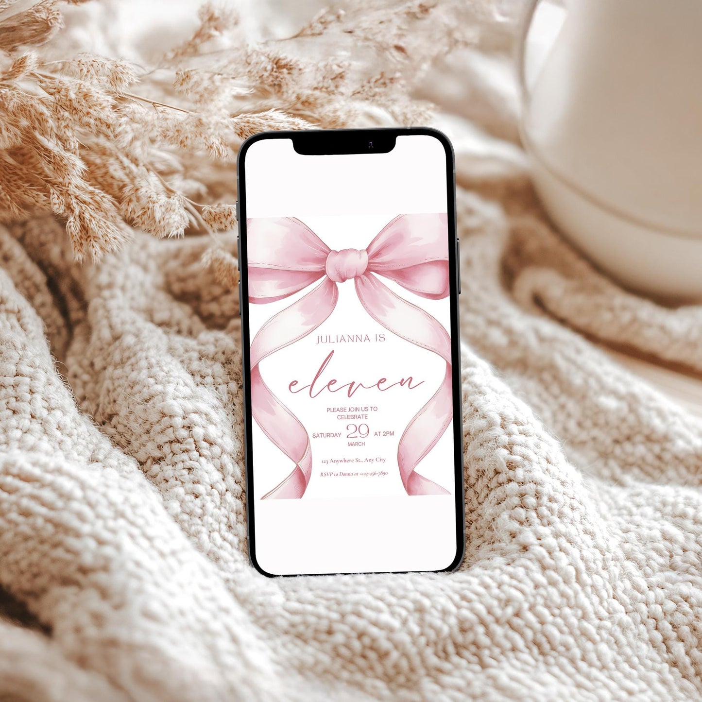 Pink Coquette Invite 11th Birthday Invitation Girl Eleventh Pink Bow Birthday Evite Tween Birthday Party Bow Party Invitation editable