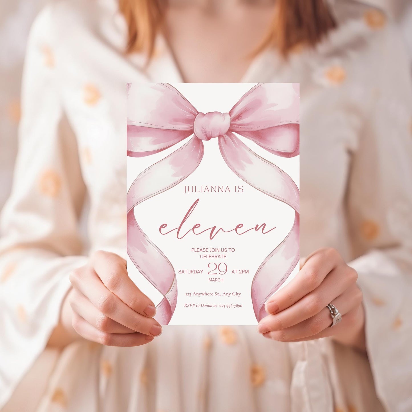 Pink Coquette Invite 11th Birthday Invitation Girl Eleventh Pink Bow Birthday Evite Tween Birthday Party Bow Party Invitation editable