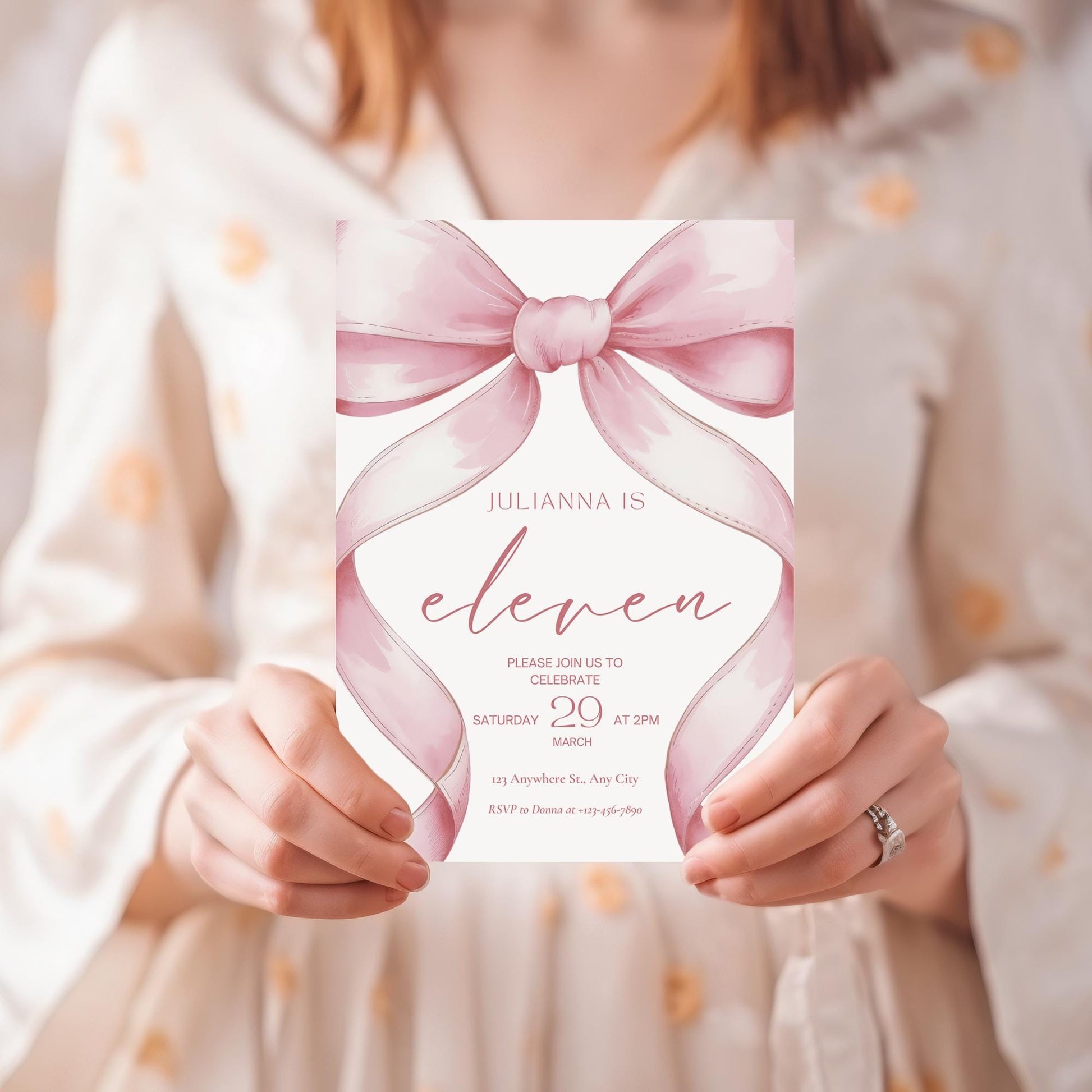Pink Coquette Invite 11th Birthday Invitation Girl Eleventh Pink Bow Birthday Evite Tween Birthday Party Bow Party Invitation editable