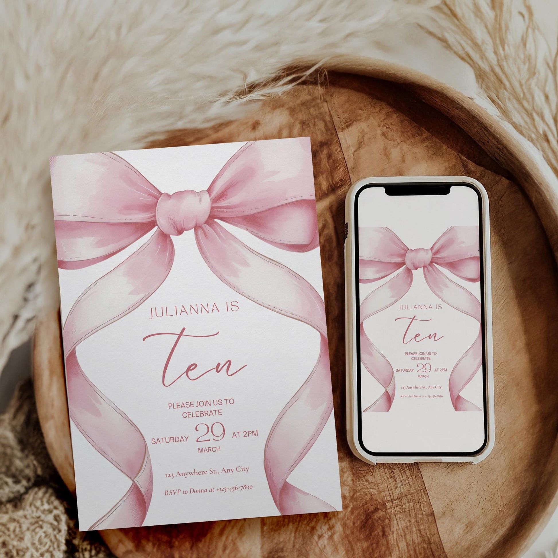 Pink Coquette Invite 10 year old girl birthday invitation 10th Birthday Invitation Girl tenth Pink Bow Birthday Evite Tween Birthday Party